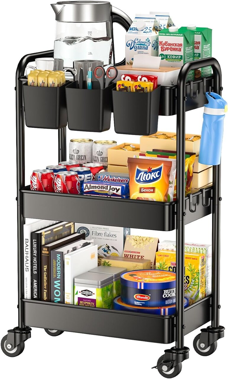 3 Tier Rolling Cart - Metal Utility Cart with 3 Hanging Cups & 4 Hooks, 66LBS Capacity, Mesh Rolling Storage Cart Organizer, Easy Assembly, Rolling Carts with Wheels for Kitchen Office